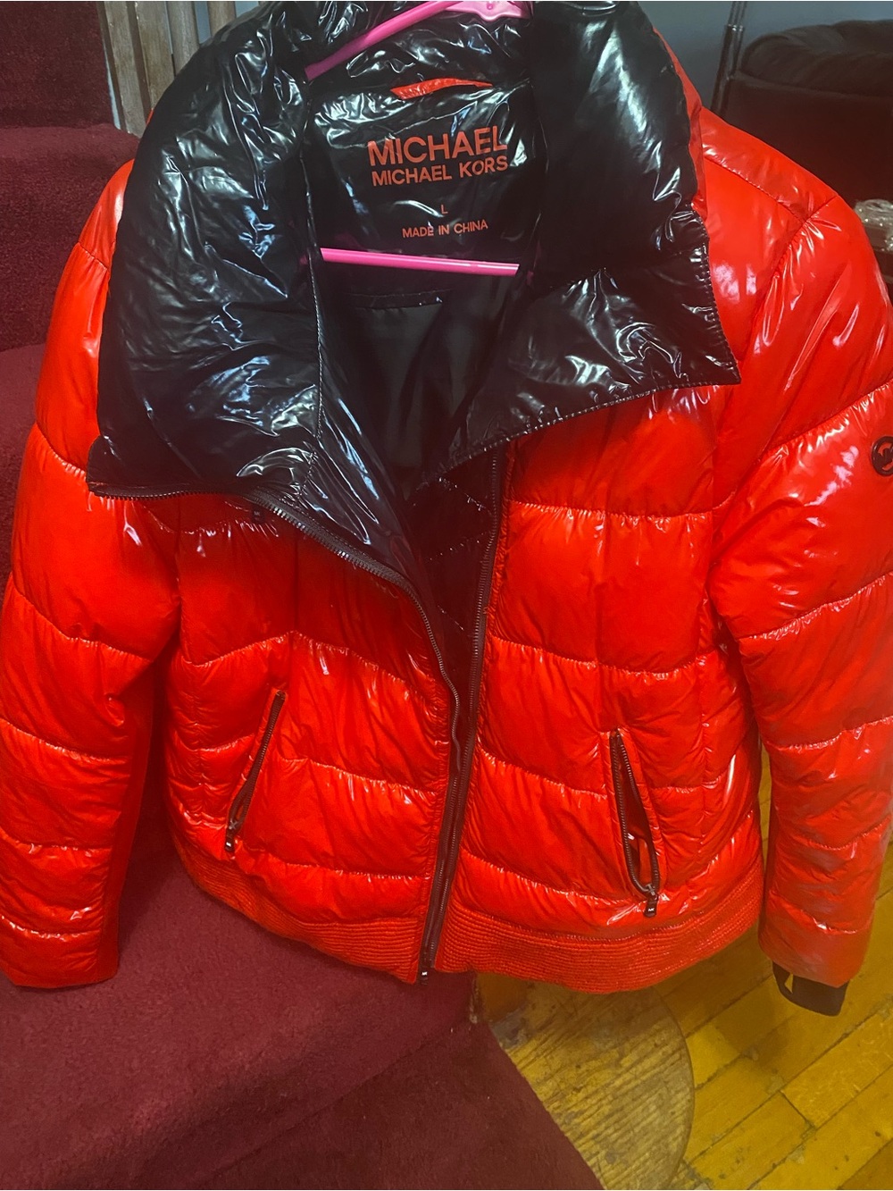 Michael Kors Red and Black Shiny Puffer Jacket women’s L
